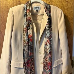 Kasper Beige Blazer with Vibrant Patterned Scarf